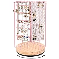 Rotating Jewelry Organizer Stand Earring Holder Organizer Mothers Day Gift with 28 Necklace Hooks, Jewelry Tree Earring Stand Tower Storage Rack Bracelet Holder -Pink