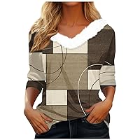 Shirts for Women Vintage Geometric Print Long Sleeve Blouse Fur V Neck Casual Tops Warm Cozy Fleece Y2k Clothes