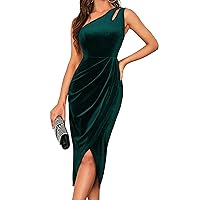 Kolagri Womens Sexy One Shoulder Cutout Bodycon Ruched Dress Elegant Velvet Asymmetrical Silt Cocktail Party Midi Dress