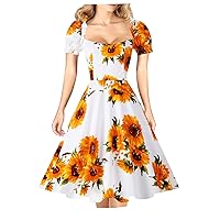 Hanpceirs Women's Puff Short Sleeve 1950s Party Dresses Square Neck Aline Dress with Pockets