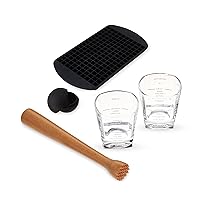 True Muddled Cocktail Kit with 2 Recipe Lowball Tumblers, Wooden Muddler, Silicone Ice Sphere Mold and Mini Pebble Ice Tray, Set of 5