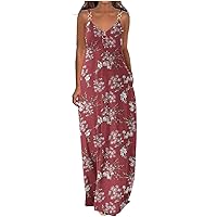 Summer Dresses for Women 2024 Casual Boho Floral Print Dress Zip Up V Neck High Waist Maxi Beach Dresses with Pocket