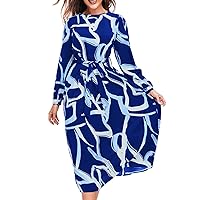 WDIRARA Women's Plus Size High Waisted Long Sleeve Round Neck Belted Printed Long Dress