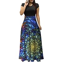 Summer Dresses for Women 2024 Vacation, Plus Size Dress Black Party Dress Short Sleeve Dress Womens Dressy Ethnic Printed Trendy Large Size Maxi Ladies Round Neck Floral Printting