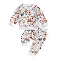 Kuriozud Toddler Baby Girl 2Pcs Fall Clothes Set Flower&Chick Print Long Sleeve Crewneck Tops Elastic Waist Pants Outfit