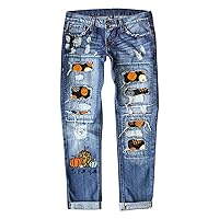 Women Fashion Jean Jacket Women's K Print Ripped Stretch Cute Jeans Slim Fit Distressed Destroyed Butt Lifting