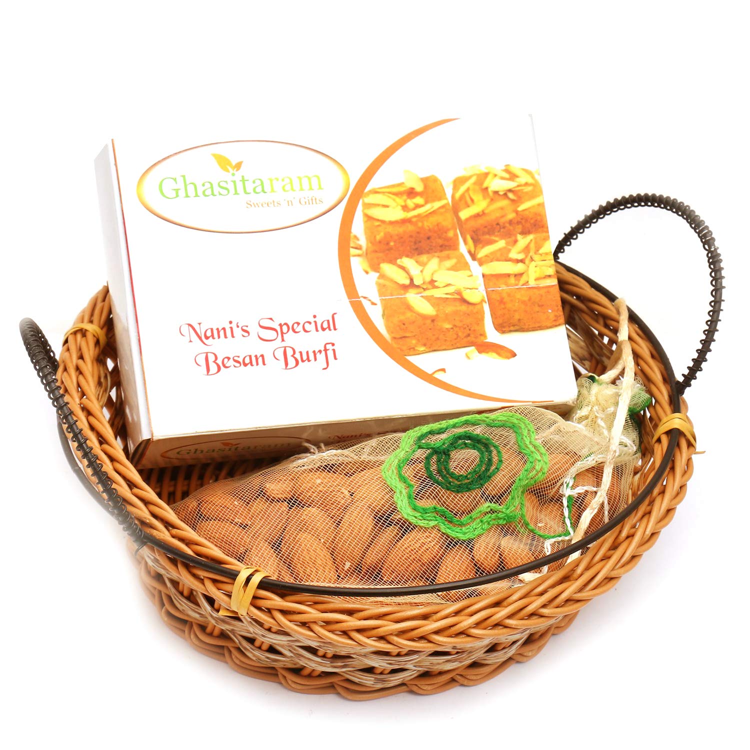Ghasitaram Gifts Mithai Hampers - Small Cane Basket with Nani's Spl Besan Barfi and Almonds Pouch
