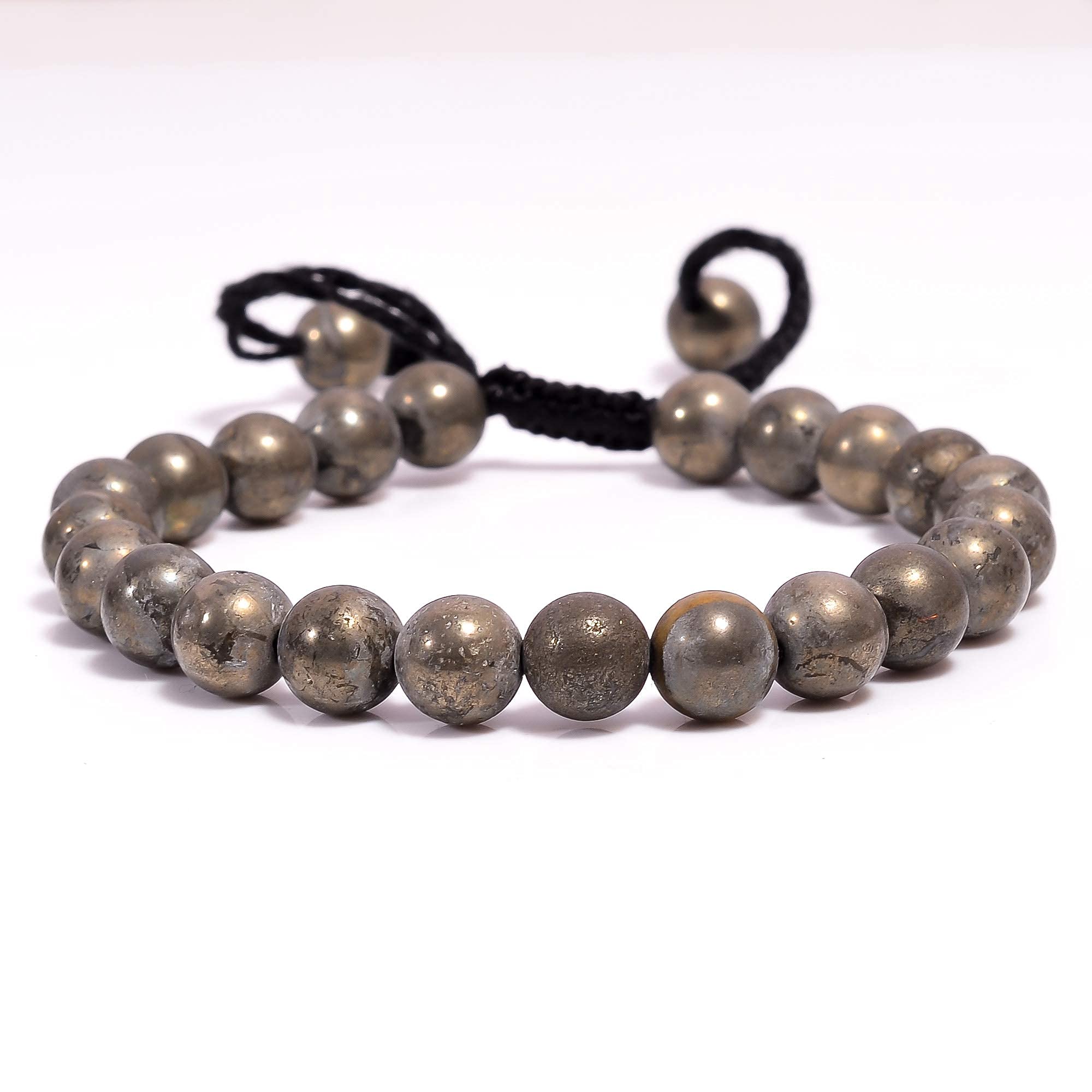 BEADS HUB Natural Pyrite Power Bracelet Round Smooth Beads 8 mm Adjustable Bracelet Confidence Protection Concentration Spirituality and Increasing Creativity For Girls,Man,Woman,Friend,Gift,Boys,FriendshipBand