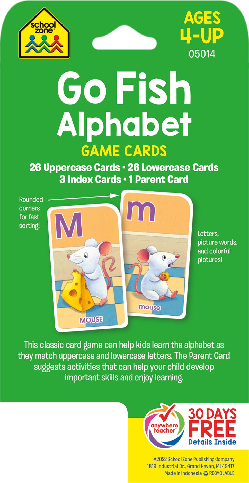 School Zone - Go Fish Alphabet Game Cards - Ages 4 and Up, Preschool to First Grade, Uppercase and Lowercase Letters, ABCs, Word-Picture Recognition, Animals, Card Game, Matching, and More