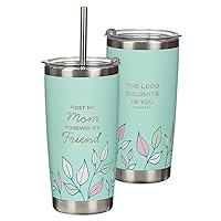 Christian Art Gifts Reusable Stainless Steel Tumbler Travel Mug w/Straw for Mothers: First My Mom Forever My Friend w/Scripture, Vacuum Insulated, Pop-up Lid, Hot/Cold, Cute Mint Green Floral, 18 oz.