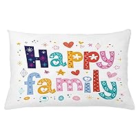 Ambesonne Family Throw Pillow Cushion Cover, Happy Family Letters with Flowers Hearts Stars Dots Circles Cartoon Like Art, Decorative Rectangle Accent Pillow Case, 26