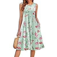 HOTOUCH Summer Casual Dresses for Women Sleeveless Midi Dress Swing Tank Sundress Pleated Tshirt Dress with Pockets