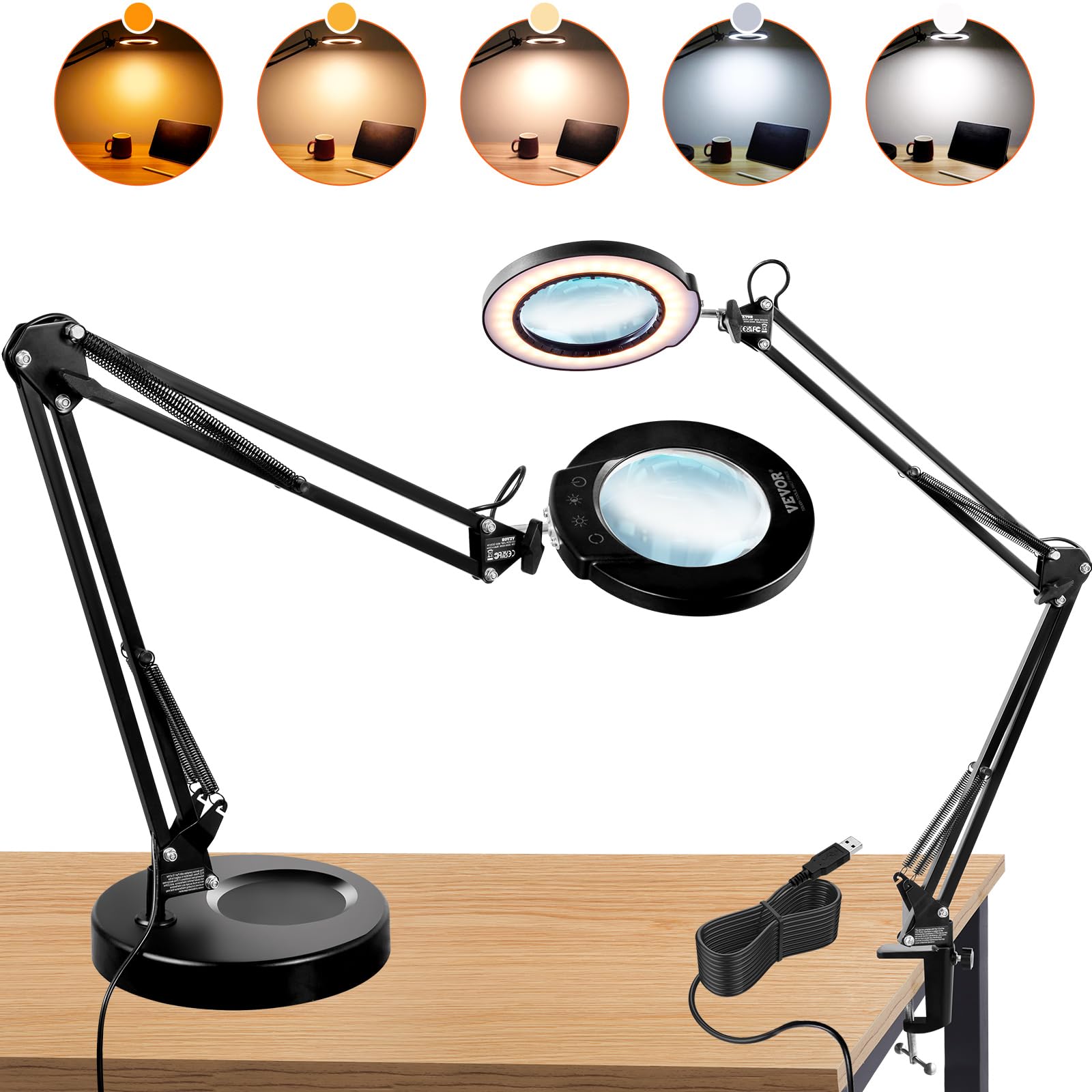 VEVOR 5X Magnifying Glass with Light and Stand, 【Upgraded】 5 Color Modes Stepless Dimmable, 4.3