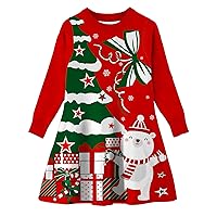 Idgreatim Little Girls Ugly Christmas Sweater Dress Xmas Long Sleeve Flared Knit Jumper Dresses 2-9 Years