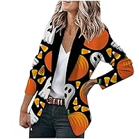 Casual Halloween Blazers Jacket for Women Long Sleeve Lapel Cardigan Open Front Fashion Grimace Printed Office Suits