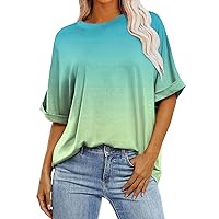 T Shirts for Women,Summer Tops for Women 2024 Round Neck Stripe Shoulder Length Short Sleeved Shirts Casual Cute Loose Fit Top Green Tops for Women