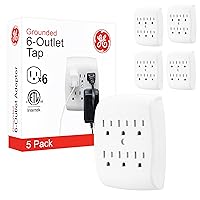GE 6-Outlet Extender Wall Tap, 5 Pack, Grounded Adapter, Charging Station, 3-Prong, Secure Install, UL Listed, White, 54853
