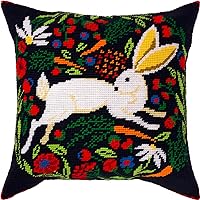 Embroidery Kit for Adults and Beginners — Hare on Black 16″ × 16″ with Clear, Precise Printed Design on Cotton Canvas; Includes 2 Needles, Yarn, and Easy-Read Chart