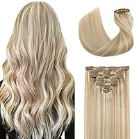 Hairro Clip in Hair Extensions Real Human Hair, 20 Inch Blonde Balayage 7pcs 120g Double Weft Thick Straight Natural Clip on Remy Hair Extension Highlights #16/22 Light Blonde/Golden Blonde