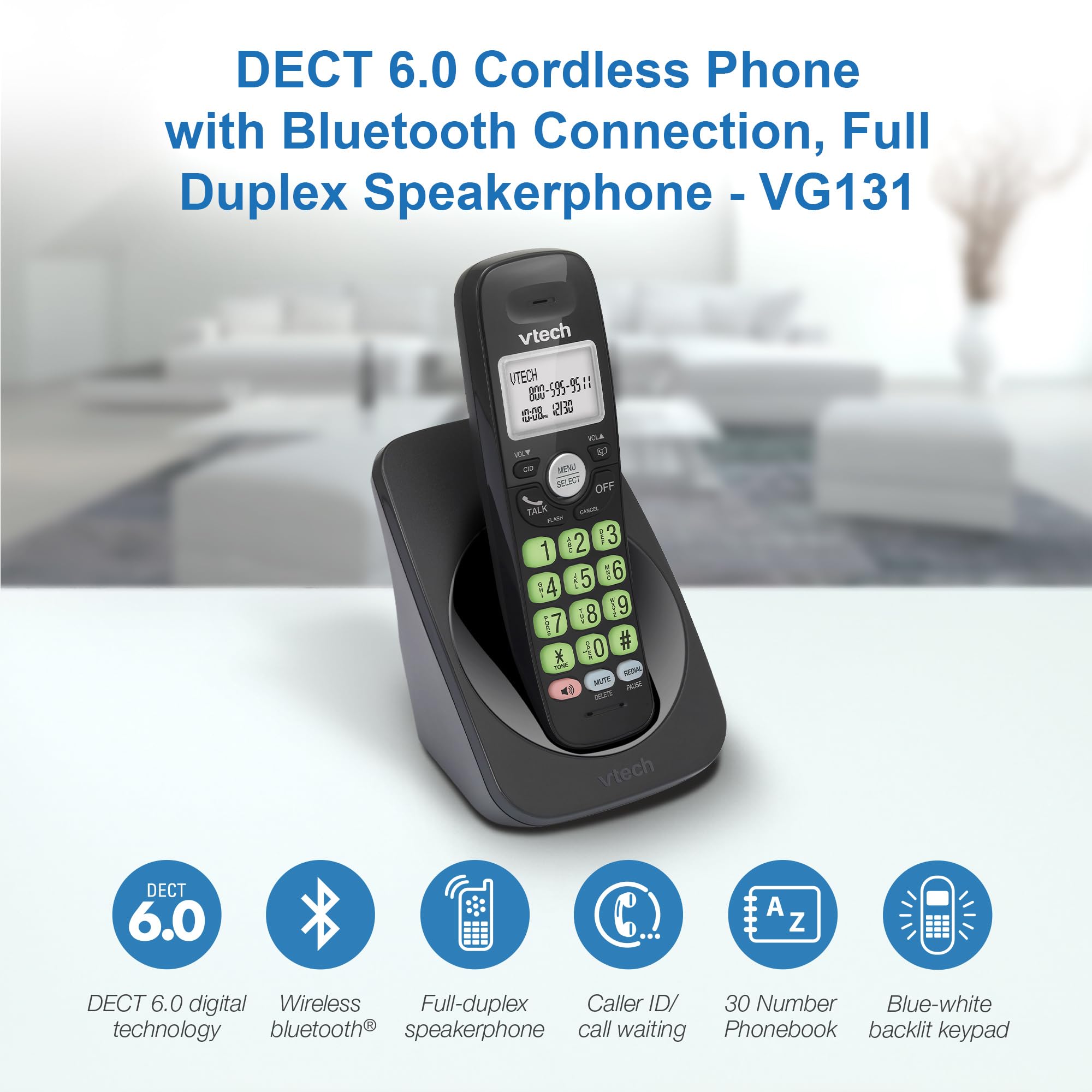 VTech DECT 6.0 Cordless Phone - Bluetooth Connection, Blue Display, Big Buttons, Full Duplex, Caller ID, Easy Wall Mount, 1000ft Range