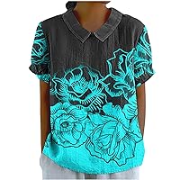 Women Vintage Floral Shirts Preppy Peter Pan Collar Keyhole Back Tee Tops Summer Short Sleeve Casual Loose Blouses
