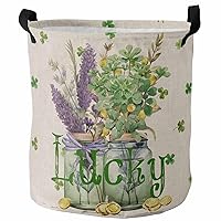 Laundry Baskets Green Lucky Clover Jar Collapsible Clothes Hamper Plaid Plant Nature Branch Foldable Freestanding Laundry Hamper with Handle Storage Basket for Laundry 16.5x17in