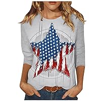 July 4Th Shirts for Women,Star Stripes American Flag T Shirt 3/4 Sleeve Crew Neck Summer Tops Casual Tunic Blouses