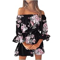 Women's Summer Dresses 2024 Beach Sexy Off Shoulder Tunic Sundresses Casual Loose Fit Bell Sleeve Mini Floral