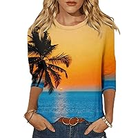 Plus Size Tops for Women 3/4 Sleeve Crewneck Loose Tees Tropical Floral Print Shirts Womens Blouses Trendy Tunic Tops