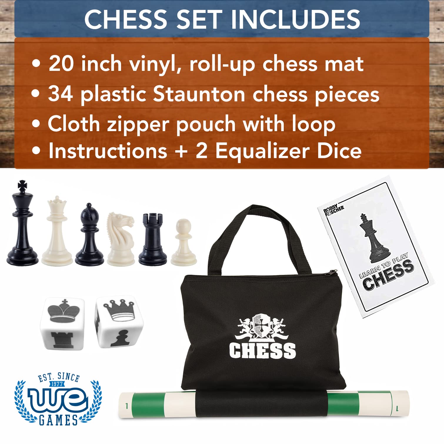 WE Games Best Value Tournament Chess Set - Staunton Chess Pieces and Green Roll-Up Vinyl Chess Board