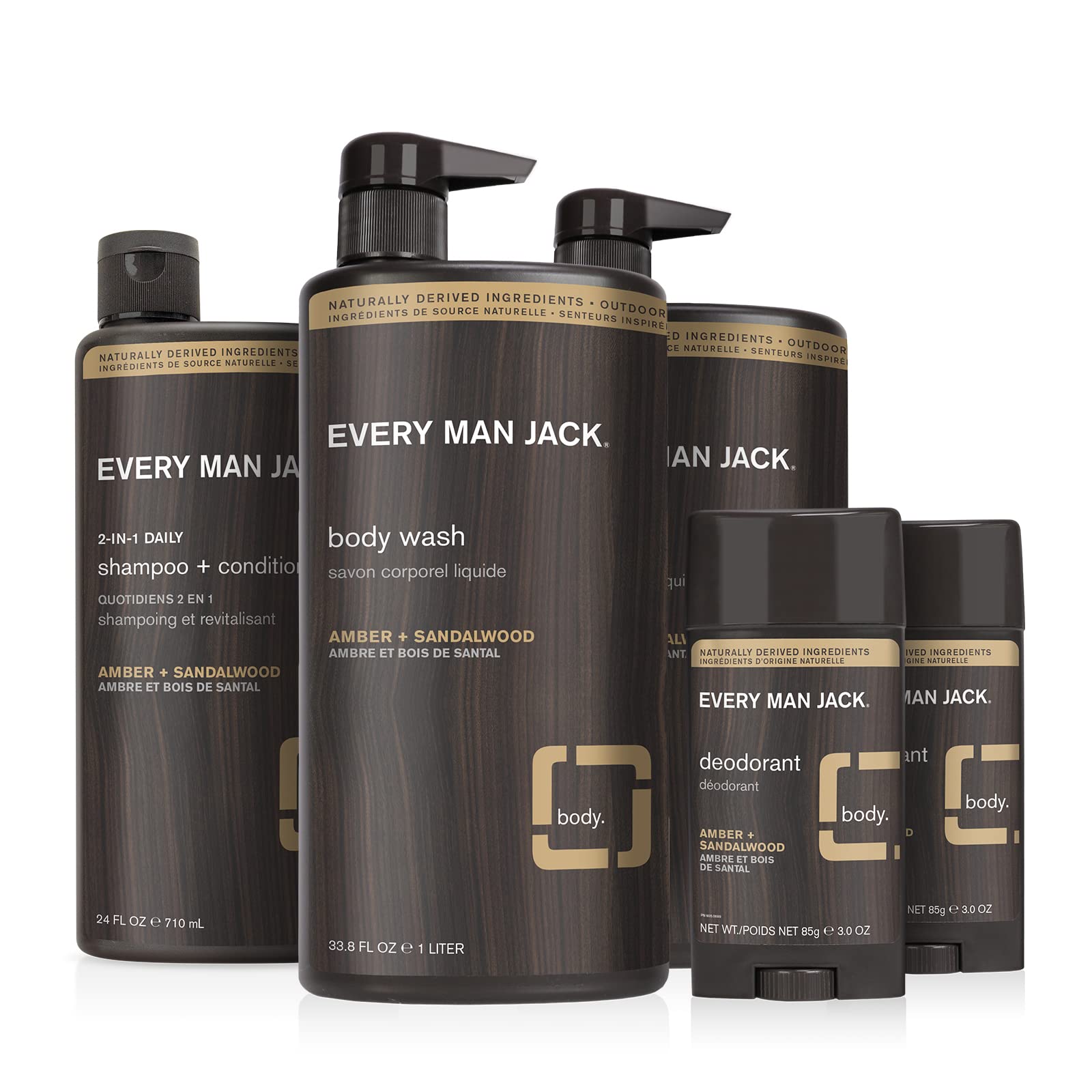 Every Man Jack Men’s Body + Hair Bundle - Cleanse and Hydrate All Skin & Hair Types with Clean Ingredients and an Amber + Sandalwood Scent -Liter Body Wash Twin Pack, Deo Twin Pack, and 2-in-1 Shampoo