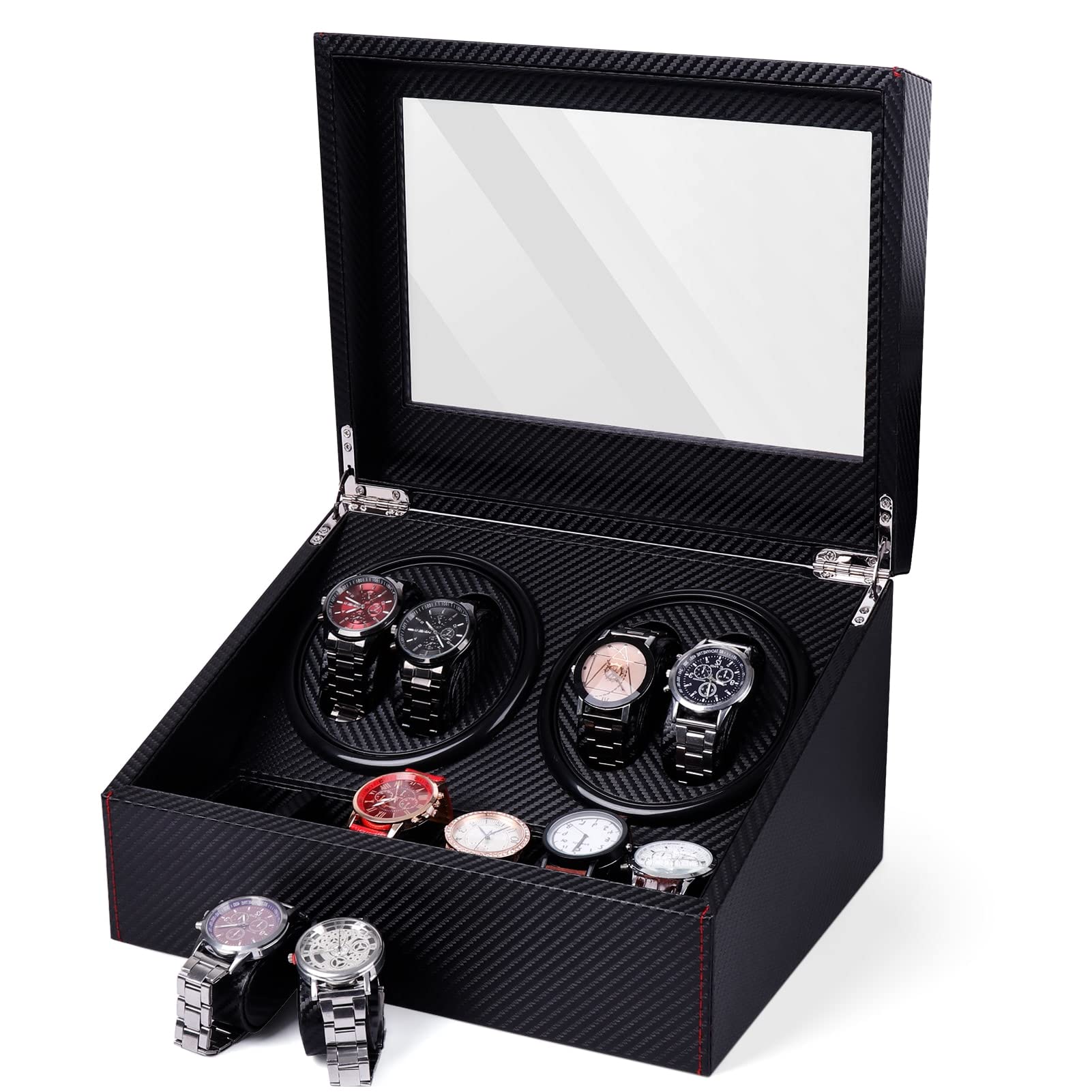 LALAHOO Watch Winder for Automatic Watches, 4 Automatic Watches with 6 Watches Storages, Carbon Fiber Styling Automatic Watch Winder