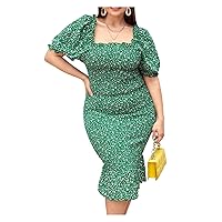 Women Plus Size Summer Midi Dresses 2022 Floral Shirred Puff Sleeve Ruffle Hem Bodycon Dress (Size : Medium)