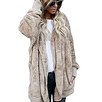 Women Hooded Cardigan Fuzzy Jacket Fashion Solid Long Sleeve Lapel Hooded Winter Open Front Coat Outwear With Pockets