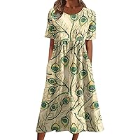 Plus Size Sundress Maxi Dress 2023 Midi Short Sleeve Evening Dresses Womens Summer Fashion Crew Neck Comfortable Ruffle Graphic Evening Dress for Women Green