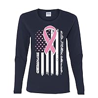 Pink Ribbon Distressed Flag Women's Long Sleeve T-Shirt Breast Cancer Awareness