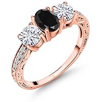 Gem Stone King 18K Rose Gold Plated Silver 3-Stone Ring Oval Black Sapphire and Moissanite (2.22 Cttw)