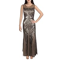 Womens Brown Stretch Sequined Zippered Lined Sleeveless Illusion Neckline Full-Length Formal Gown Dress 10