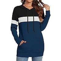 CATHY Women's Casual Drawstring Pullover Tunic Top Long Sleeve Color Block Hoodie Sweatshirts With Pocket