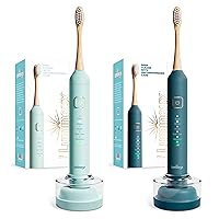 Lumineux Sonic Electric Toothbrush for Adults - Two (2) Toothbrushes with Bamboo Heads - Crystalline (Light Blue) & Deep Ocean(Blue) - Includes 2 Super Soft Bristle Bamboo Tooth Brush Heads, Charging