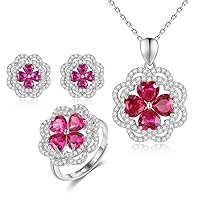 Classical Flower Jewelry Sets Ruby Gemstone with Zircon 925 Sterling Silver Earrings Necklace Pendant Ring