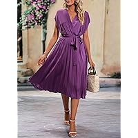 Women's Dress Surplice Neck Batwing Sleeve Pleated Hem Belted Dress Women's dressEVEBABY (Color : Purple, Size : Large)