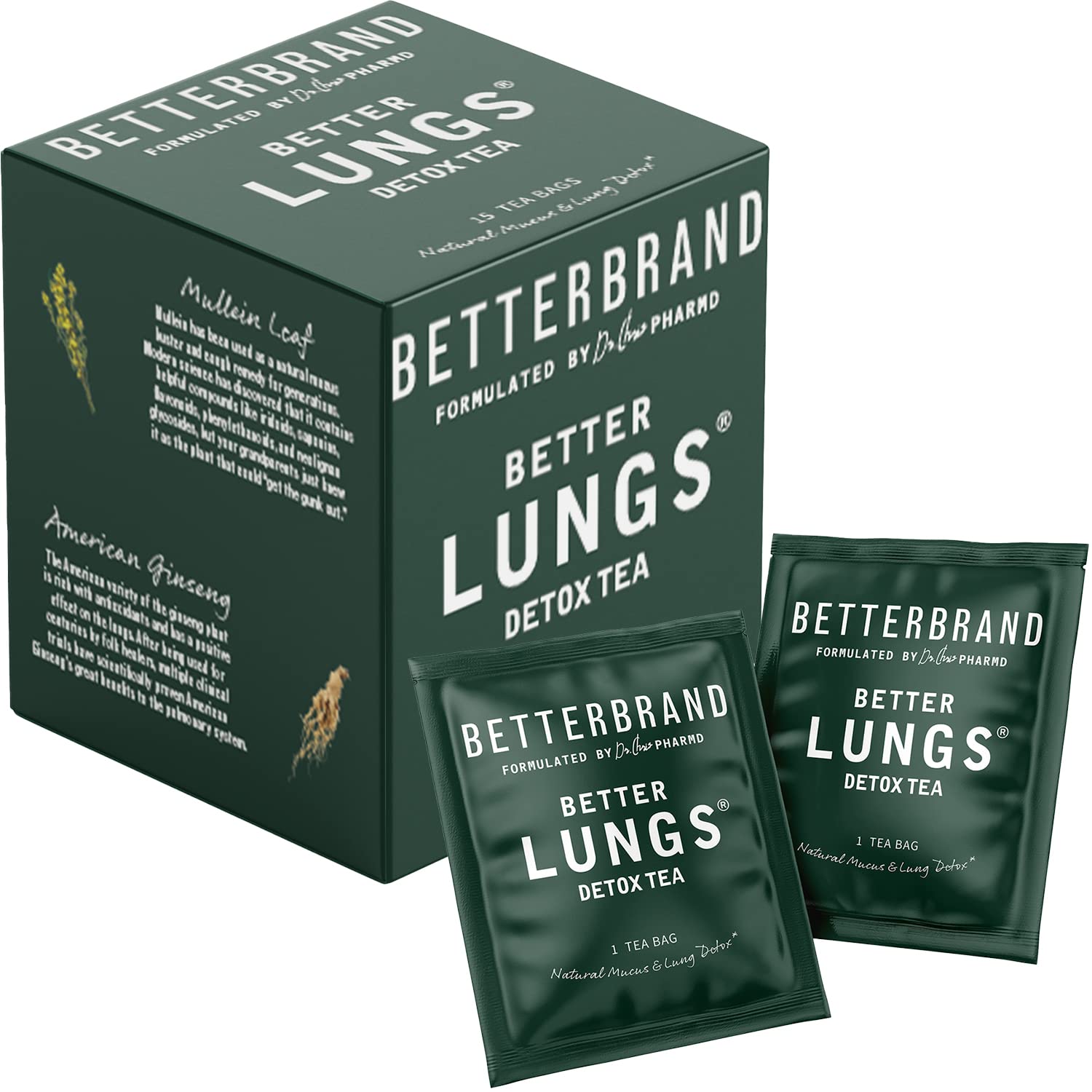 Betterbrand Better Lungs Detox Tea - Herbal Tea Bags - Mullein Leaf, Ginseng, Elderberry, Ginger & Thyme for Lung Cleanse, Congestion Relief, Mucus Detox - 15 Individual Herbal Tea Bags, Caffeine Free
