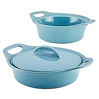 Rachael Ray Solid Glaze Ceramics Casserole Bakeware/Baker Set with Shared Lid, 3 Piece, Agave Blue