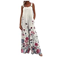 Women's Summer Rompers 2023 Printed Button Up Jumpsuit Casual Loose Sleeveless Rompers With Pockets Rompers