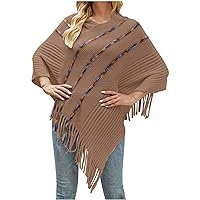 Women’s Elegant Knitted Poncho Top with Stripe Patterns and Fringed Sides, Women Cardigan Sweater Fall Shawl Capes