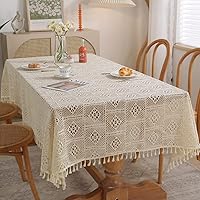 Buffalo Check Plaid Geometric Embroidered Dinning Tablecloth with Tassels, Boho Beige Crochet Hole Square Table Cloth Tablecloths Desk Decor for Wedding Birthday Party Holiday, 33