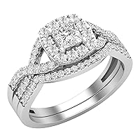 4mm Princess & Round White Diamond Entwined Cushion Shape Halo Wedding Ring Set for Her (1.00 ctw, Color I-J, Clarity I2-I3) in 925 Sterling Silver Size 4.5