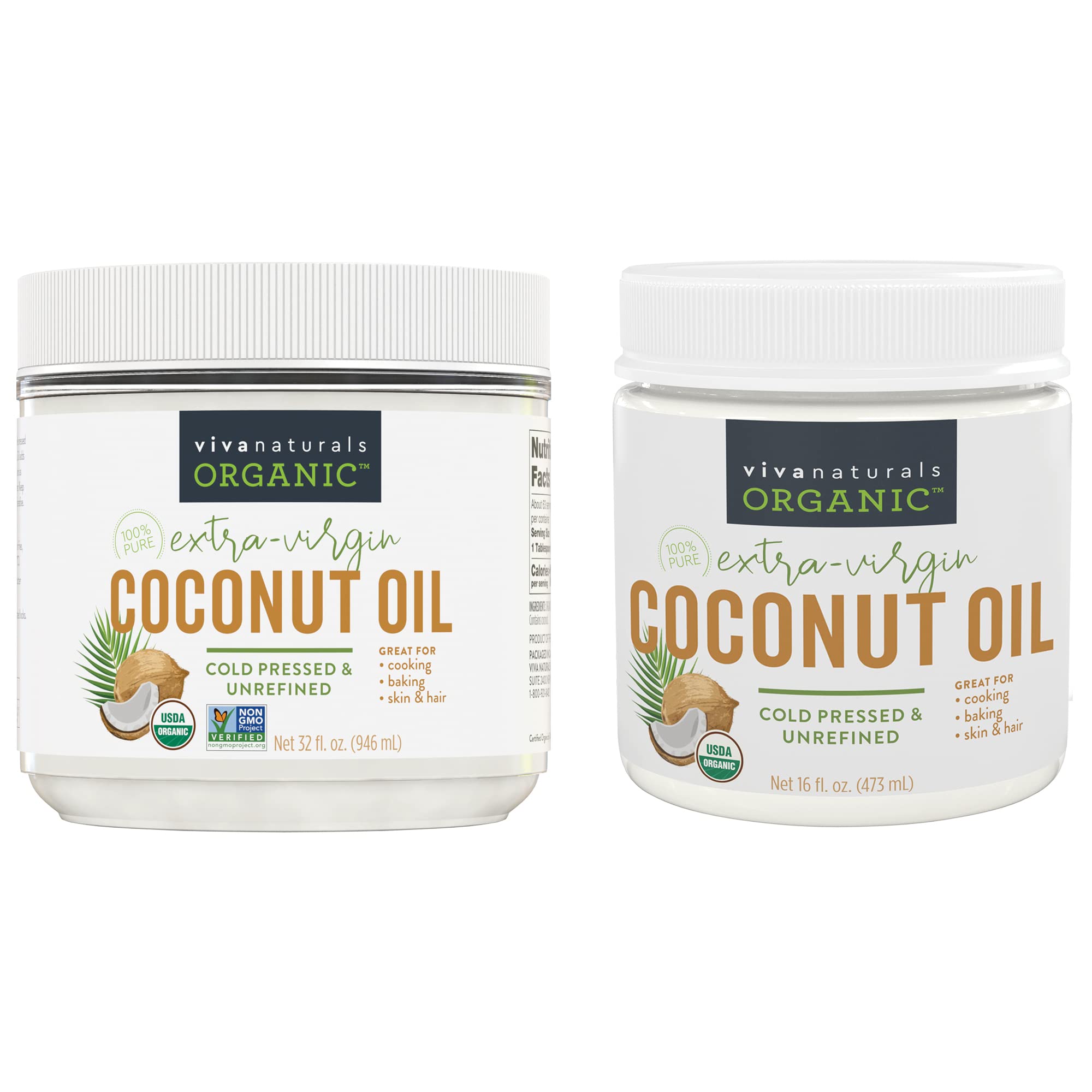 Viva Naturals Organic Extra Virgin Coconut Oil, 32 Oz & Organic Virgin Coconut Oil 16 ounces / 473 millilitres