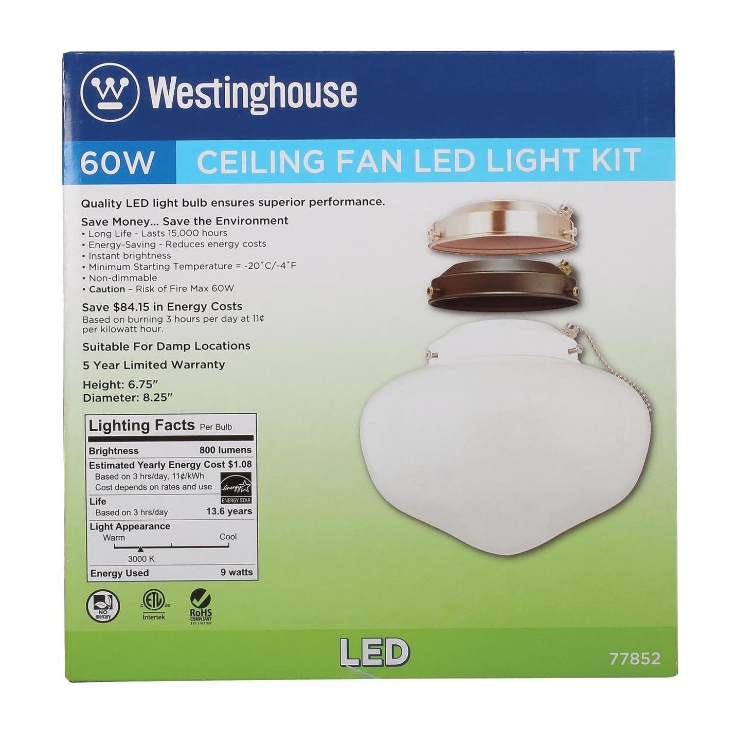 Westinghouse Lighting 7785200 Led Schoolhouse Indoor/Outdoor Energy Star Ceiling Fan Light Kit, Three Fitters with White Opal Glass , Red